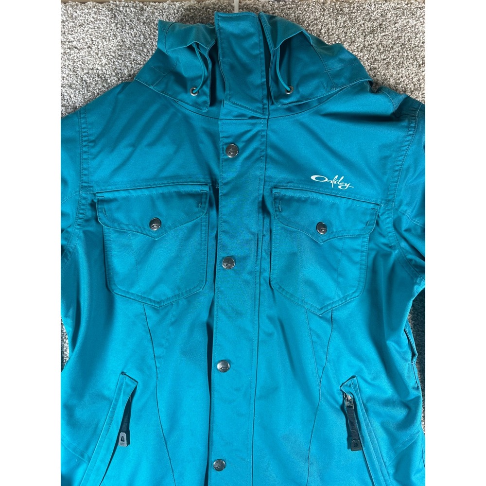 Oakley Teal Blue Hooded Ski Jacket Pink Fleece Lining Regular Fit Mens Medium
